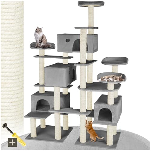 tectake® Albero Tiragraffi per Gatti, Tiragraffi per Gatti con 4 Piattaforme, 4 Casette Accoglienti, Tiragraffi Gatto con Diversi Piani di Gioco, 2 Piastre di Base, Colonne in Sisal - Grigio