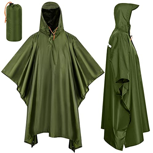 SOPPY Waterproof Rain Poncho, Lightweight Reusable Waterproof Raincoat with Carry Pouch, 3 in 1 Multifunctional Rain Cover for Cycling Hiking Camping Outdoor Activities - Army Green