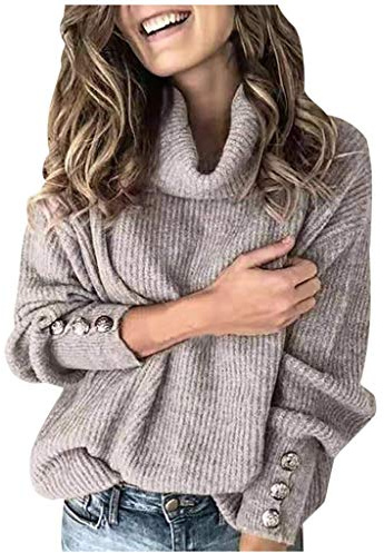 Ymosrh Sweaters for Women Casual, Trendy Long Sleeve Dressy Burrito Sabanero Sweater Turtleneck Pullover Button Loose Knitted Sweater Tops Light Casual Black Angora Sweater Women's (M, Gray)