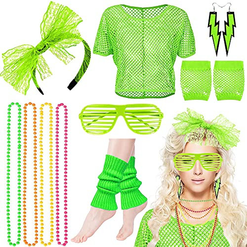 MEISHANG 80er Jahre Outfit Damen,Netzoberteil Damen 80er,Netzshirt Damen 80er,Neon Oberteile Damen Set,Kostüm 80er Jahre Damen Nena,Neon Netz Shirt Damen,Netzhandschuhe,Netz Shirt Damen Neon 80er