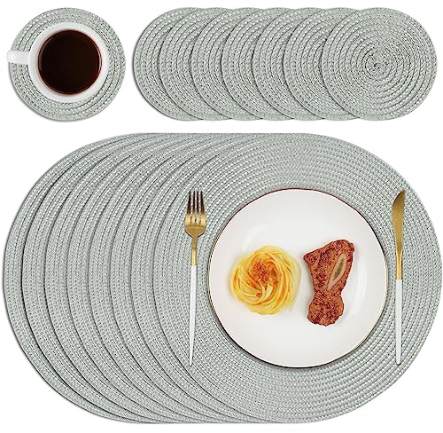 Homcomodar Round Table Placemats and Coasters Set of 8 Heat Resistant Round Woven Table Place Mats for Dining/Kitchen Table (Grey)