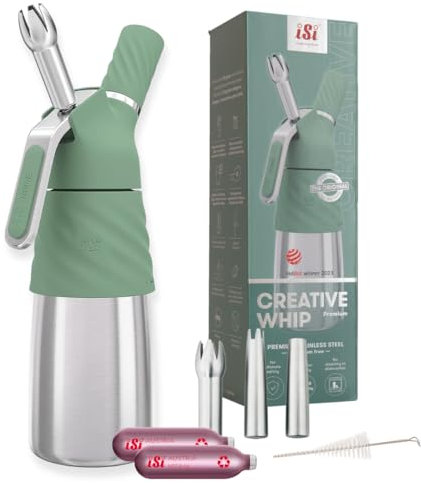 iSi Creative Whip Premium Sahnespender 500ml , Wave Green , aus Edelstahl , inkl. 3 Edelstahltüllen & 2 iSi Sahnekapseln , iSi Sahnespender für Sahne, Dessert & Herzhaftes , Spülmaschinenfest