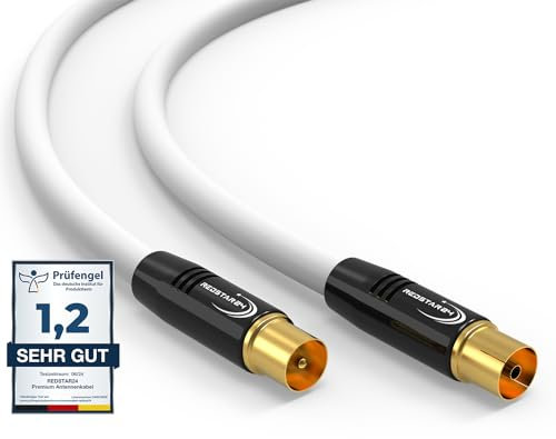 RedStar24 Antennenkabel 7,5m Weiß – Stecker zu Buchse Koaxial IEC – Premium HDTV Koaxialkabel für Kabelfernsehen | TV Kabel: Kompatibel mit TV, Radio, DVB-T/T2, DVB-C, DAB