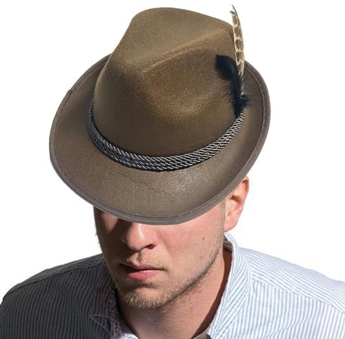 Oktoberfest Kostümhüte für Herren, 1 Stück Retro Bayern Trachtenhut Filzhut mit Feder für Erwachsene, Alpenhüte Kostümzubehör für Rollenspiel und Cosplay, Volksfest, Mottoparty, Bayerisches Dress Up