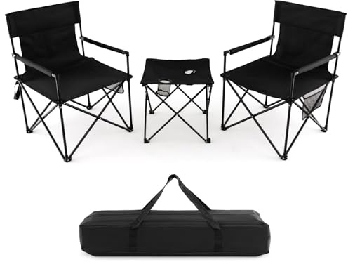 GOPLUS Juego de 2 sillas plegables de camping con mesa de camping, silla de pesca portátil de metal hasta 180 kg, silla de jardín para camping, picnic y pesca, color negro