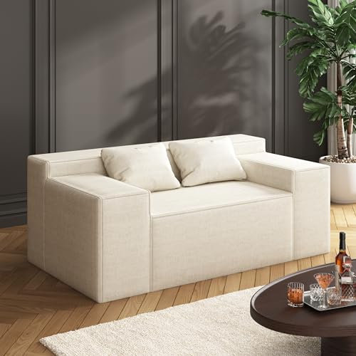 PurrJoys Kleine Moderne Loveseat-Sofa, Hybrid-Sofa-in-a-Box, Keine Montage Erforderlich, Schlafsofa mit 2 Kissen, Kratzfestes Leinen, Kleines für Kleine Räume,Wohnzimmer,Schlafzimmer, Beige