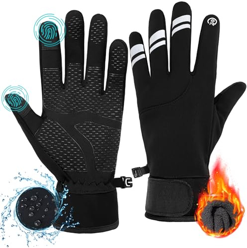 ehsbuy Tactiles Gant Hiver Homme Thermique Running Chauffant Impermeable Winter Cyclisme Gants Velo Doublés Chauds avec Crochet et Boucle Fermeture Manchette pour Moto Ski Sport
