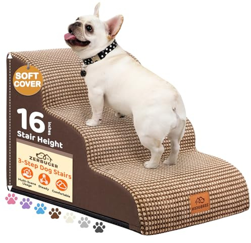 Zerbuger Dog Ramp and Stair for Bed 16 H-20 H,3-Step Cat Stair for Sofa and Chair,4-Step Dog Ramp for High Bed and Window,Durable Nonslip Fabric Cover for Indoor (Coffee-16 H, Pet Friendly, 3)