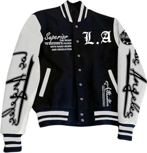 Vagbalena Men's Spring Varsity Baseball Jacket Colorblocked Monogram Printed Long Sleeve Casual Baseball Jacket Personalized Varsity Jacket (black,S)