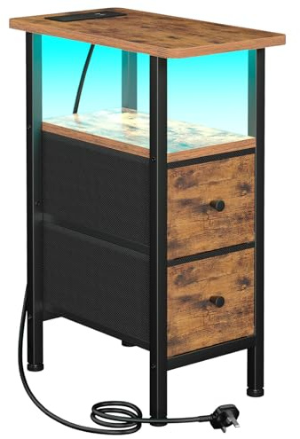 AMHANCIBLE Slim Bedside Table with Charging Station, Narrow Side Table with LED Lights, Small End Table with 2 Fabric Drawers, Nightstand for Small Spaces, Living Room, Bedroom, Brown HETNDP02LBR-1