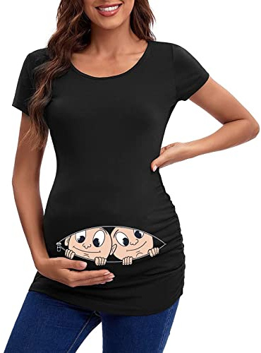 Generisch 2025- Moda de Maternidad Manga Corta Cuello Redondo Lindo Divertido Gráfico Fruncido Laterales Camiseta Tops Embarazo Túnica Blusa, Negro , XXL