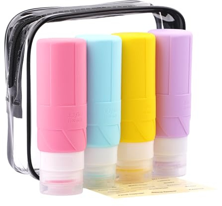 FADVAN 4 St Resebehållare I Silikon 100 Ml – Set Med Resebehållare För Vätskor – Miniflaskor För Parfym, Duschschampo, Tvättmedel, Praktiska Tillbehör (Macaron) | Resekit toalettprodukt, för schampo, lotion, duschgel, med etikett, återanvändbar, makaroon