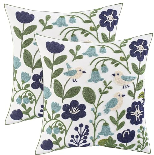 Tosleo 2 fundas de cojín de primavera de 45 x 45 cm, para jardín, algodón, lino, flores, bordados, modernas, para sofá, dormitorio, casa de campo, decoración al aire libre