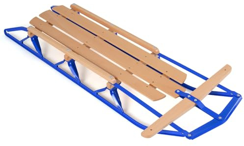 COSTWAY Slittino da Neve, Slittino per Bambini e Adulti con Barra di Direzione, Fori Preforati e Maniglie, Slitta da Neve in Legno e Metallo Vernicato, Carico Massimo 150 kg (Blu)