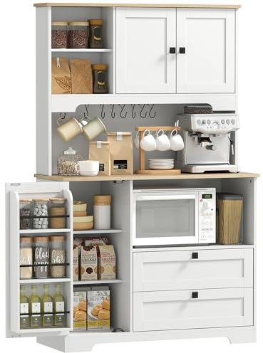 HOMCOM Credenza Cucina Alta 162cm, Mobile Dispensa con 2 Armadietti, 2 Cassetti, Portaspezie, Foro Passacavi, Ripiani Regolabili, Piano Portamicroonde, Portatazze, per Sala da Pranzo Soggiorno, Bianco