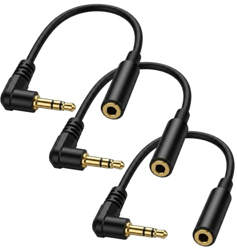 3 stycken 3,5 mm jackförlängning 15 cm, 90 grader TRS-kontakt till hona | Kort 3,5 mm ljudförlängningskabel med 90° vinkelkontakt, 3-polig för stereoljud, utan mikrofonfunktion