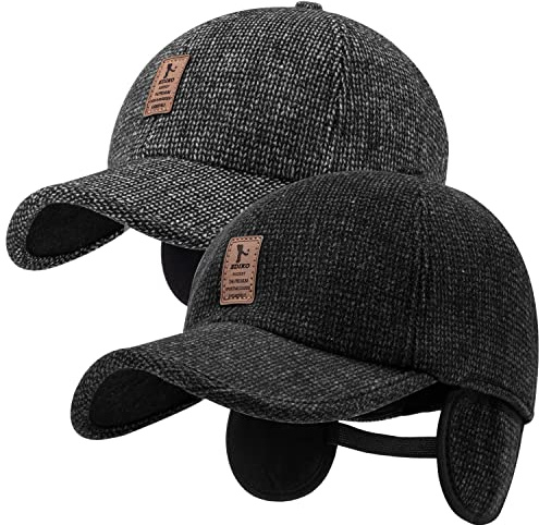 Falidem 2 Pack Men's Winter Baseball Cap with Ear Flaps, Baseball Winter Hats with Ear Flaps for Men Outdoor Walk Running