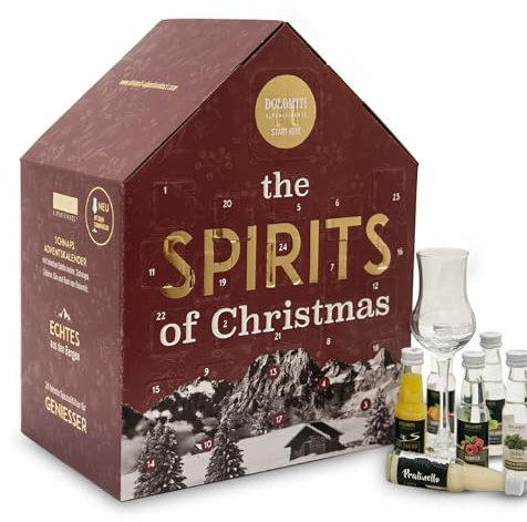 Schnaps- und Likör Adventskalender 2025 von Dolomiti - Geschenk-Idee für Genießer. Gin, Rum, Wodka und Wermut, Edelbrände, Schnäpse und Liköre. Schnaps Adventkalender in festlichem rot.
