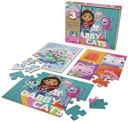 Gabby et la Maison Magique - Boîte 3 Puzzles Bois FSC Gabby Chat - Jeu de Société à Construire - Puzzle Enfant 24 Pièces Par Puzzle - Jouet Enfant 3 Ans Et +