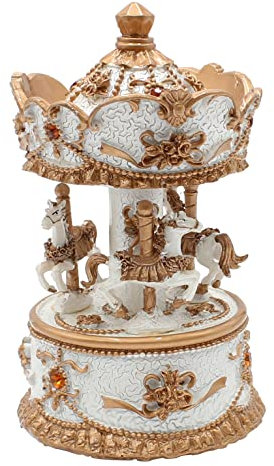 Dekohelden24 Carillon carosello con Suono, in Poli in Oro Bianco con Pietre Arancioni, Dimensioni L x P x H 14 x 8 x 14 cm, Giostra, 14 cm