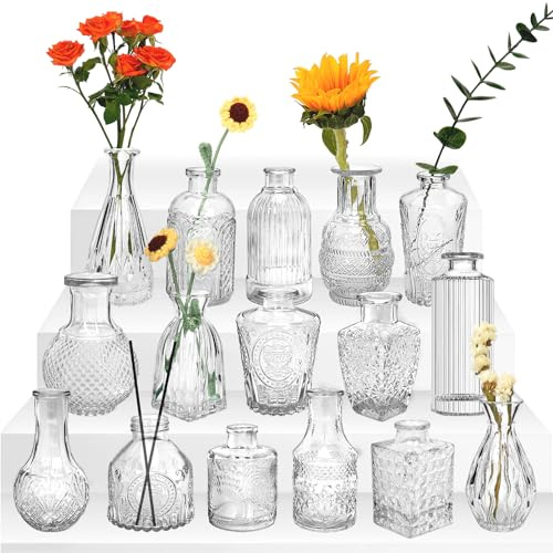 ZgoEC 16 St Liten Vas Set Vintage Glasvas Blomvas för Bordsdekoration | Minivaser Transparent Vas Glas Vas Dekoration för Lägenhet Trädgårdsfest Bröllopsdekoration, Vintage Little Deco Glasvaser
