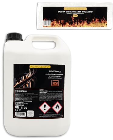 AGRI-CULTURA® | Bioetanolo inodore eco-compatibile di origine vegetale 5 LT + Omaggio Spugna Per aumentare Durata Bioetanolo | Combustibile Liquido Naturale.