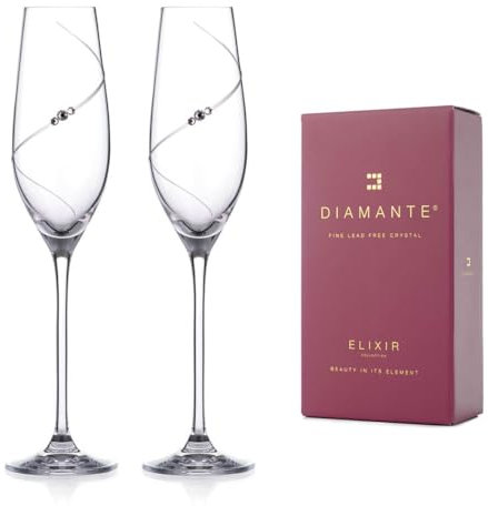 DIAMANTE Champagne Flutes Prosecco Glasses Pair with ‘Silhouette’ Hand Cut Design Embellished with Swarovski Crystals