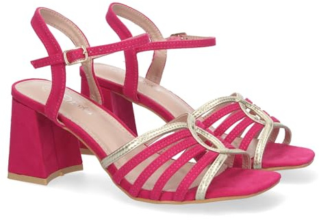 shoes&blues.es 81608-Sandalia de Tacon para Mujer, Comodas, con Adorno en la Pala, Cierre de Hebilla, Ideal para Eventos.. Talla 38 Fucsia