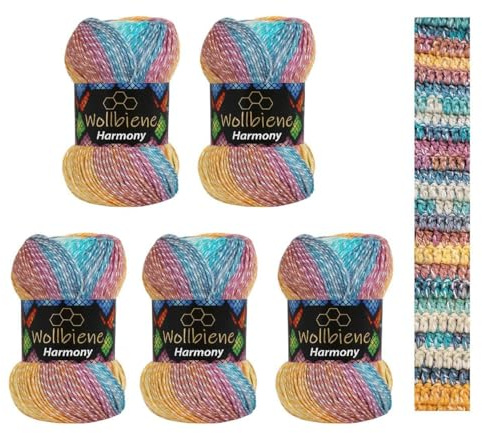 Wollbiene Harmony Batik 5 x 100g (500 Gramos) - Lana Multicolor Con Degradado de Colores - 30% Algodón - Para Tejer y Ganchillo Todo El Año