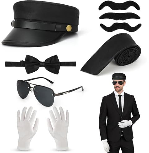 6 STK Chauffeur Kostüm Zubehör Set, Chauffeur Mütze Sonnenbrille Schnurrbart Fliege schwarz krawatte weiße handschuhe, 1980er Jahre Taxifahrer Kostüm Zubehör für Cosplay Halloween Karneval Mottoparty