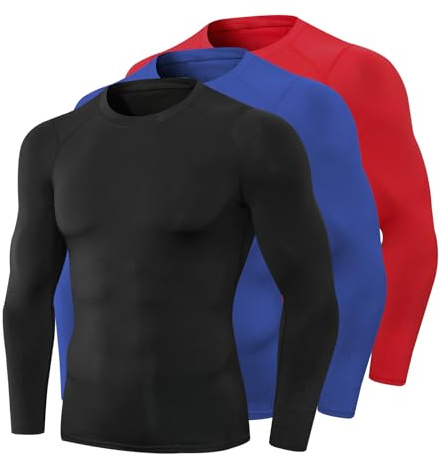 Lot de 1/3 t-shirts de compression à manches longues pour homme - Couche de base d'entraînement athlétique à séchage rapide - Pour basket-ball et football, 3 pièces # noir + rouge + bleu, Taille S