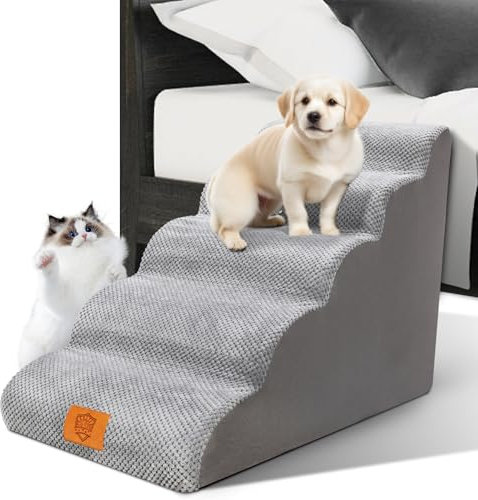 Zvonema Hundetreppe, Hundetreppe für Kleine Hunde, rutschfest Hunde Treppe 5 Stufen, Haustiertreppe mit hochdichtem Schaumstoff, waschbarer Hunderampe, Katzentreppe reduziert Stress auf Tiergelenke