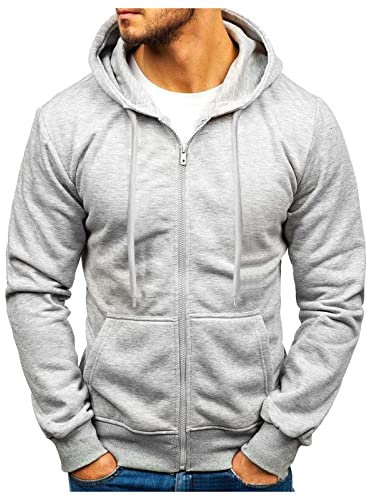 QUINTRA Hoodie Herren Einfarbig Basic Kapuzenpullover Sweatjacke mit Reißverschluss und Taschen (Grey, XXL)