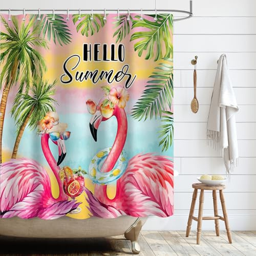 APROPHIC Tropisk duschdraperi, flamingo badrum duschdraperi, växtduschdraperi set, grönt duschdraperi med 12 krokar, Coastal Beach Leaf duschdraperi dekoration, 183 x 183 cm