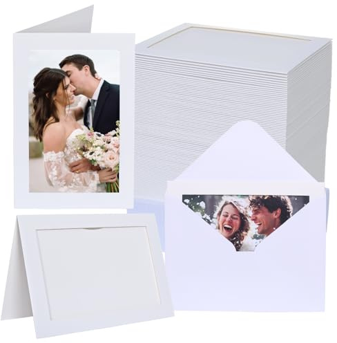 Apprabbr 100 Count Photo Frame Cards with Envelopes 4x6 Paper Picture Frame Bulk Cardboard Photo Insert Card Holder for Christmas New Year Wedding Birthday Classroom DIY- White