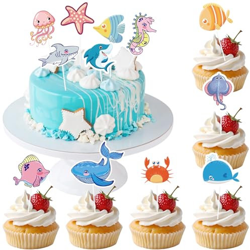 Alovez 24 adornos para cupcakes de animales marinos, decoración de magdalenas con animales marinos, decoración para magdalenas, decoración de tartas, decoración de cumpleaños y fiestas