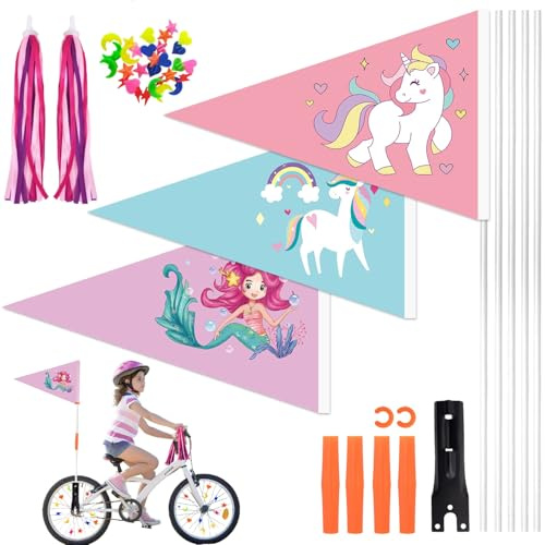 ZJKUBOIS Lot de 3 drapeaux de vélo pour enfants - Avec 5 mâts de drapeau multicolores - Décoration de rayons de vélo - Pompons de guidon - Accessoires de décoration de vélo pour garçons et filles