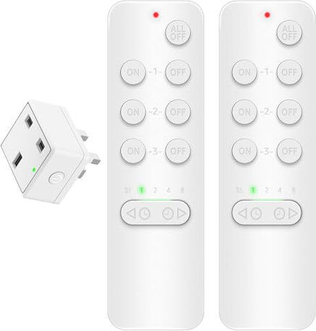 NineLeaf Remote Control Plug Socket UK, Timer Plug with Wireless Remotes, Electric shock-proof safety outlet, 15A,4000V Anti-Surge, 152M/500FT, Programmable, V0 Fireproof, LED, 1 Socket and 2 Remote