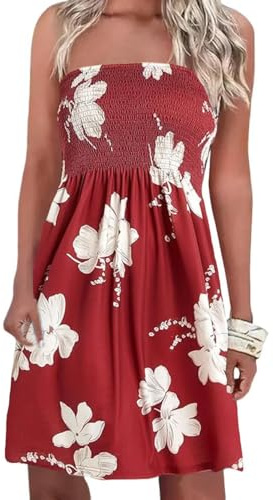 Sexy gesmoktes trägerloses Bandeau-Kleid für Damen, Strand, Boho, trägerlos, schulterfrei, florales Sommerkleid, Rot/Ausflug, einfarbig (Getaway Solids), XX-Large
