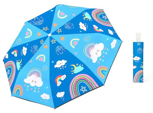 alldomess Parapluie Pliant Enfant Automatique, Parapluie Anti-UV Compact avec Bande Réfléchissante 360°, Léger et Mignon Parasol Enfant Anti-Rebond Sûr pour Bébé Fille Garçon,Arc-en-ciel Bleu