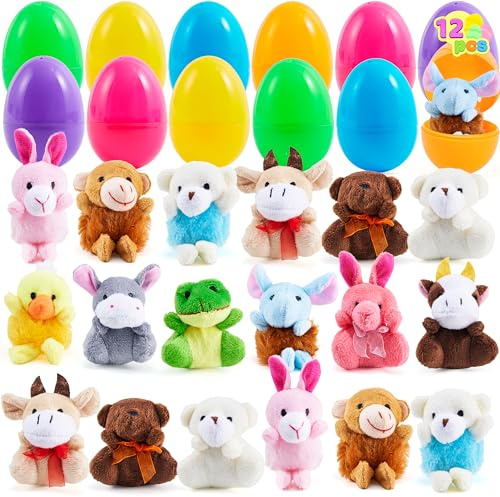 JOYIN 12 Pcs Prefilled Easter Eggs with Plush Toys, Plastic Eggs Filled with Mini Stuffed Plush Toys, Basket Stuffers for Toddlers, Easter Egg Hunt, Party Favors, Classroom Prizes for Kids