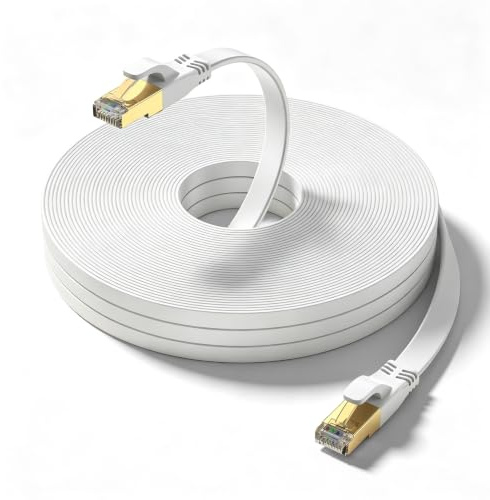 Ohmvolta Cat 8 Ethernet Cable 10m White,High-Speed 40Gbps 2000Mhz Lan Internet Cable Gold Plated RJ45 Connector,Outdoor Indoor Flat S/FTP Patch Cord for Gaming Router Modem,Faster Than Cat7 Cat6 Cat5