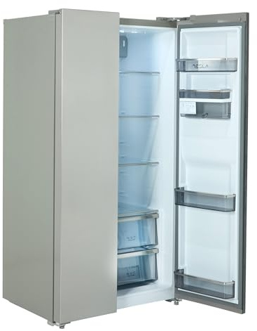 TESLA Side by Side Fridge Freezer (Non plumbed) – 372L Fridge / 210 Freezer capacity, Freestanding, E Energy, Total No Frost, Multi Airflow Cooling, Water Dispenser, T582SBSX (Stainless Steel)