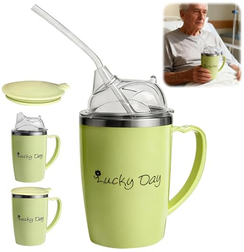 350ml Adult Sippy Cup, 3-in-1 Beakers for Elderly, Adult Sippy Cups for The Elderly Non Spill, with Lid and 30cm Straw, Stainless Steel Dysphagia Cups for Elderly Patient Drinking Aids