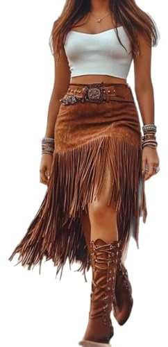 Fronage Faux Suede Fringe Skirts for Women UK Tassel Asymmetric Hem Boho Skirts Western Cowlgirl Bodycon Midi Skirts Brown