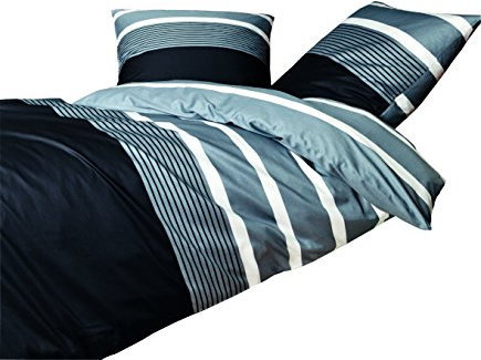 Janine Bettwäsche Davos 65030 08 Silber Schwarz Feinbiber Streifen Warm Kuschelig Baumwolle, Größe:135x200 cm + 80x80 cm