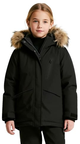 wantdo Girl's Winter Coat Waterproof Snow Gear Ski Jacket Warm Insulated Rain Coats with Removable Hood Black Size 8