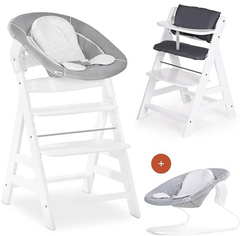 hauck Hochstuhl Alpha Plus Newborn Set mit 2in1 Bouncer - Mitwachsender Holz Babyhochstuhl ab Geburt, inkl. Sitzauflage & Neugeborenenaufsatz - Weiß
