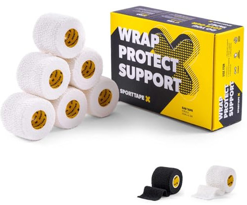 6 Rolls SPORTTAPE Tearable 5 cm x 4.5 m Elastic Adhesive Bandage EAB – Strong-Grip, Breathable Sports Tape | Rugby Lifting, Joint Support, Compression & Thumb Taping – White