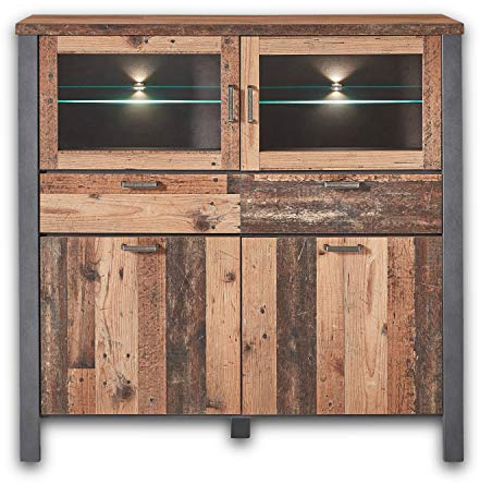 Stella Trading CARDIFF Highboard in Used Style Optik (dark) - hochwertiger Eyecatcher inkl. LED-Beleuchtung für Ihren Wohnbereich - 134 x 129 x 40 cm (B/H/T)